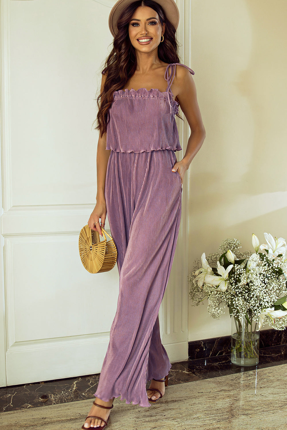 Solid Self Tied Straps Pleated Wide Leg Jumpsuit