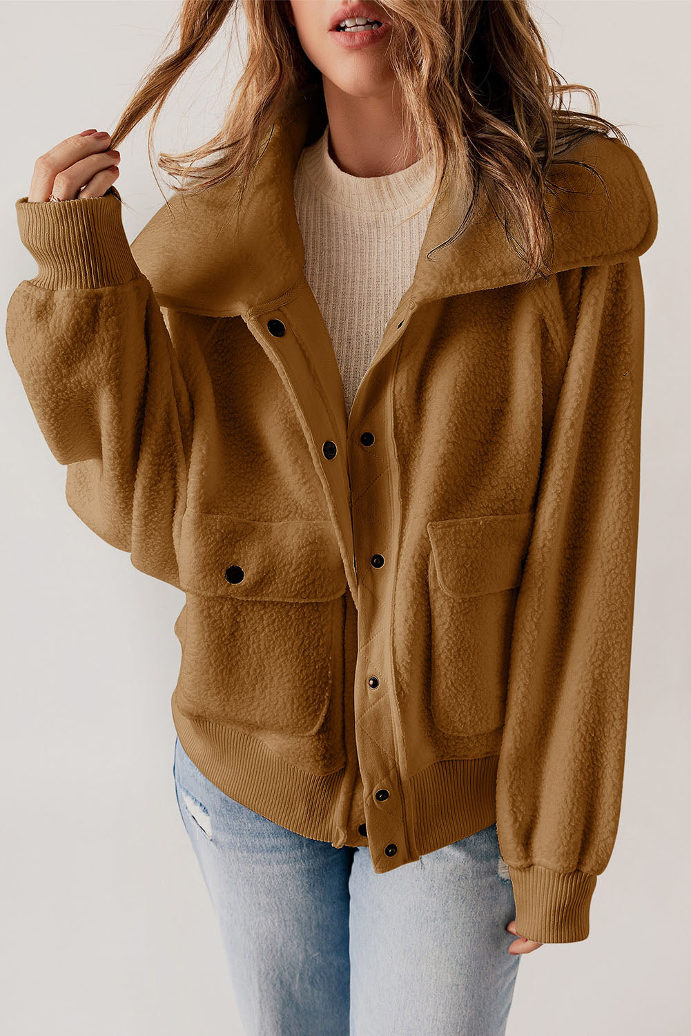 Button Flap Pocket Spread Collar Fleece Jacket