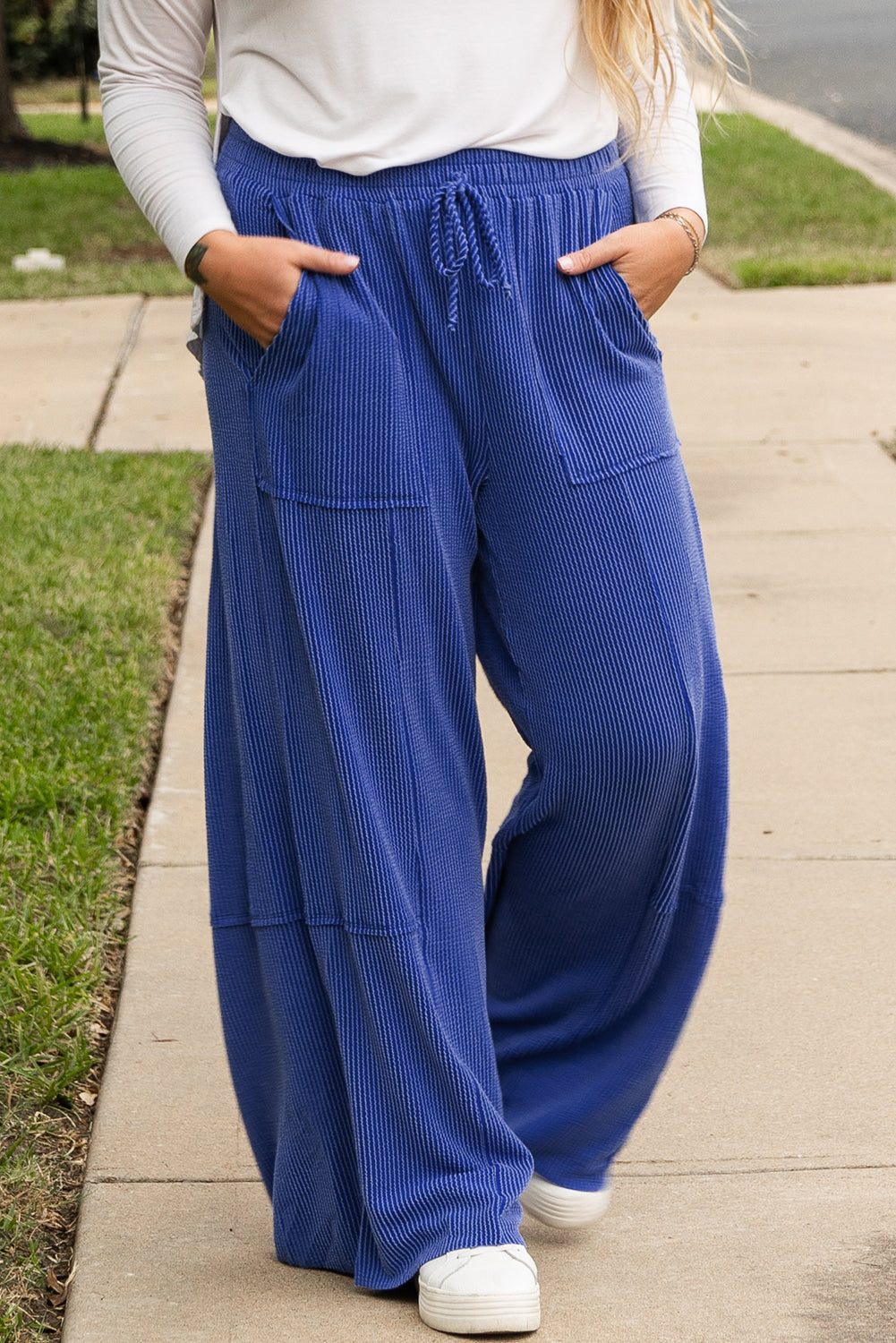 Corded Drawstring High Waist Pocket Plus Size Wide Leg Pants