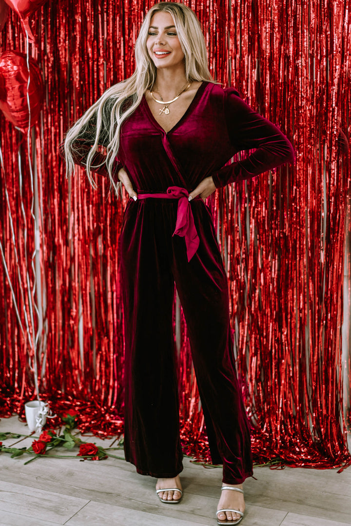 Velvet Pocketed Cut out Back Wide Leg Jumpsuit