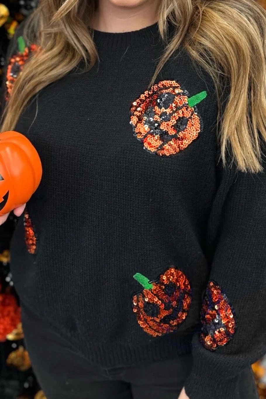 Plus Size Halloween Sequined Pumpkin Pattern Sweater