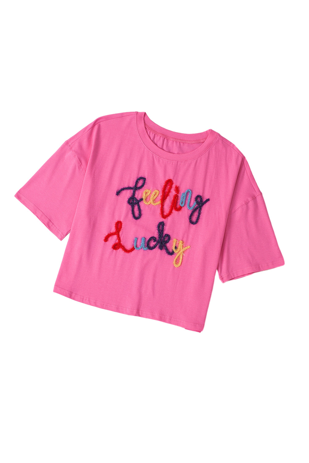 Bonbon Feeling Lucky Embroidered Letter Graphic Half Sleeve Top