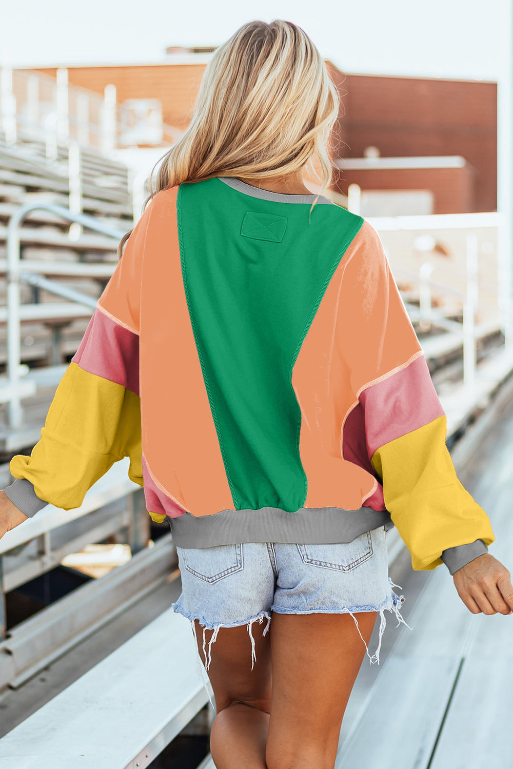 Colorblock Patchwork Exposed Stitching Oversize Top