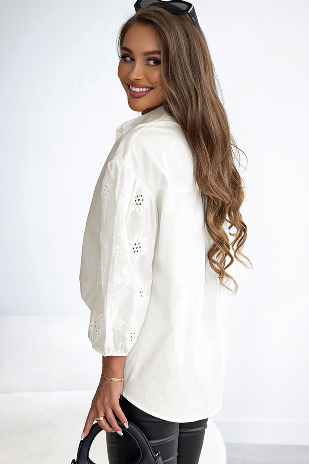 Eyelets Embroidered Puff Sleeve Buttoned Shirt