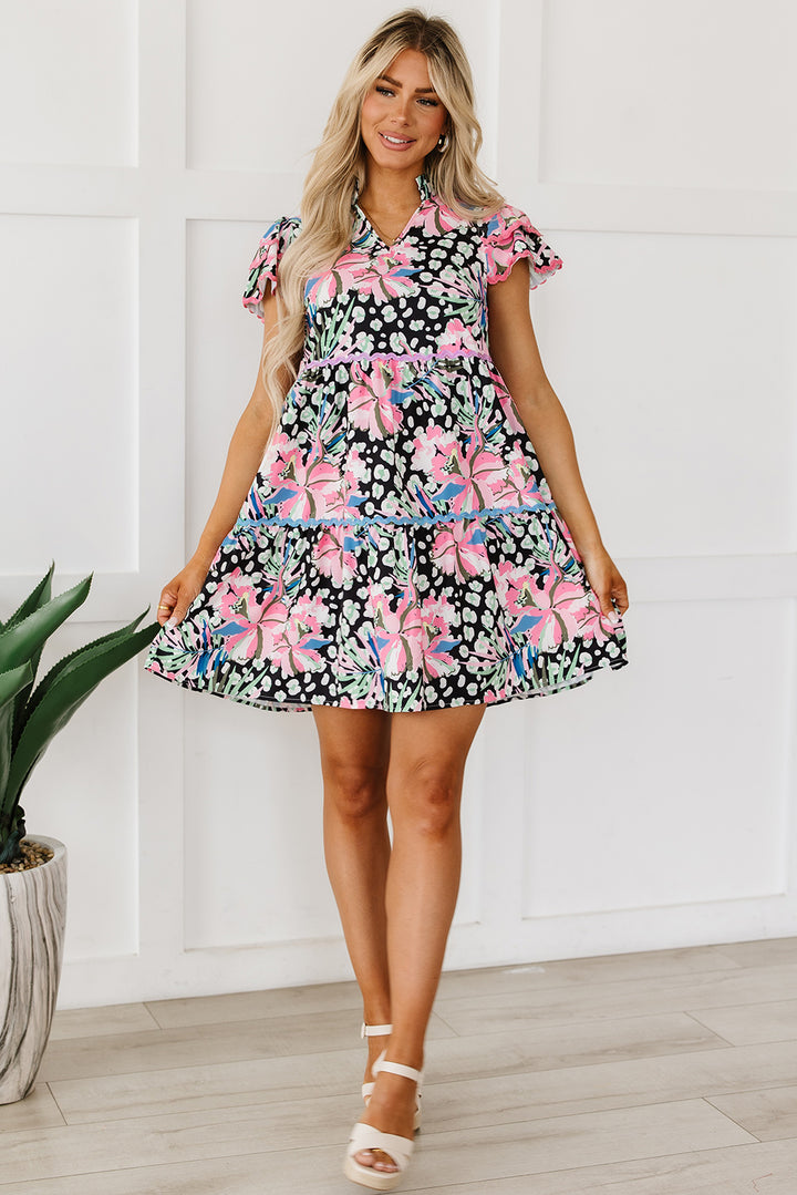 Pink Floral Ricrac Embellished Tiered Mini Dress