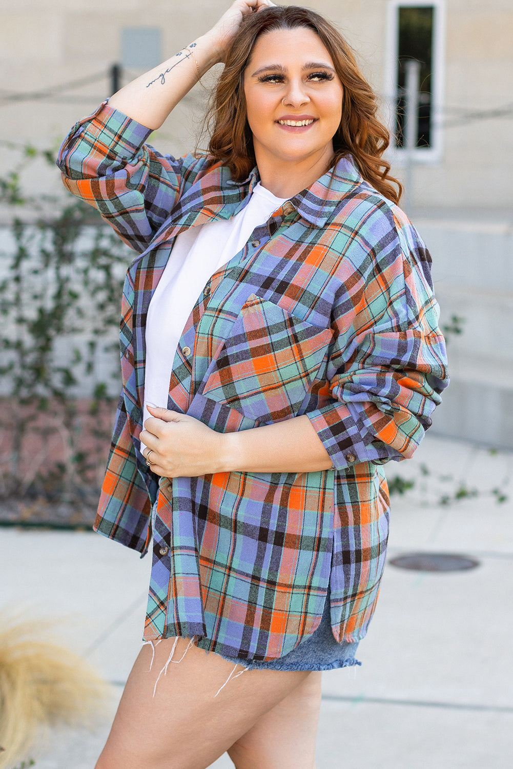 Plus Size Plaid Print Buttoned Shirt