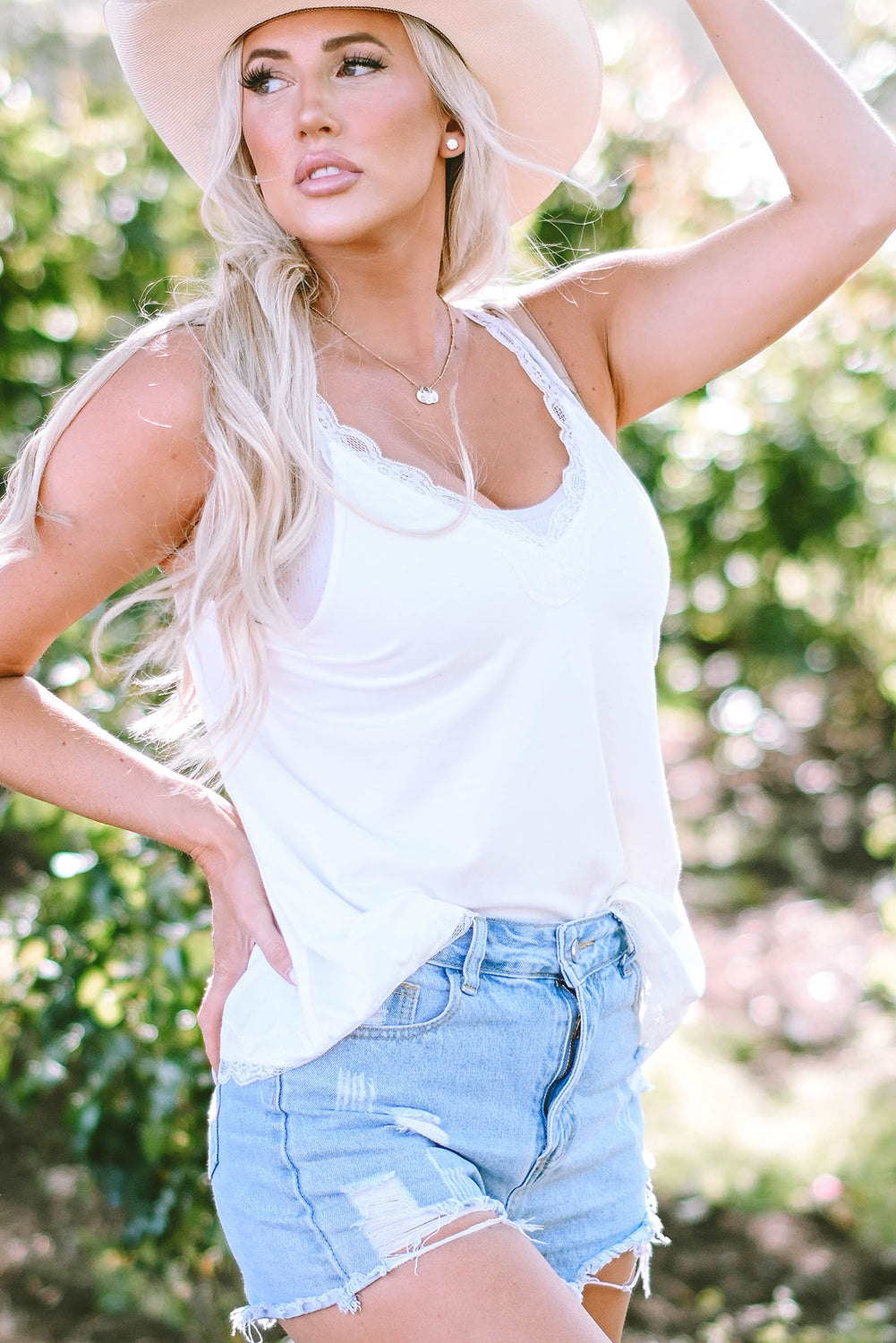 Delicate Lace Trim Flared Tank Top