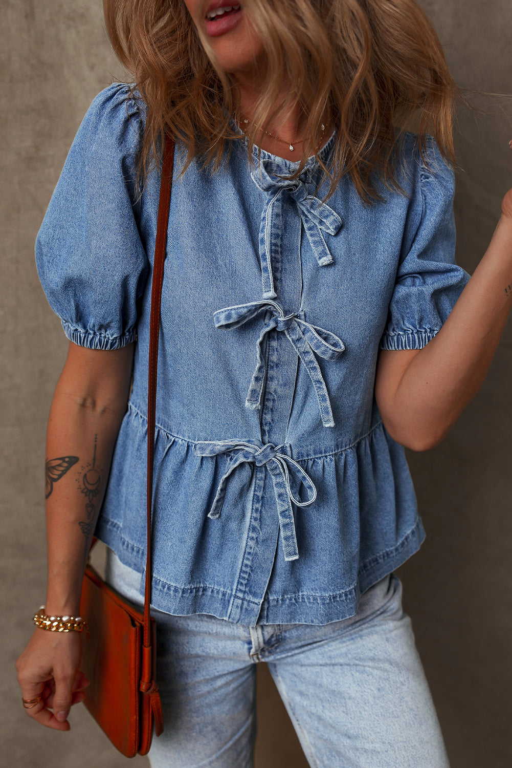 Tied Front Bubble Sleeve Peplum Denim Shirt