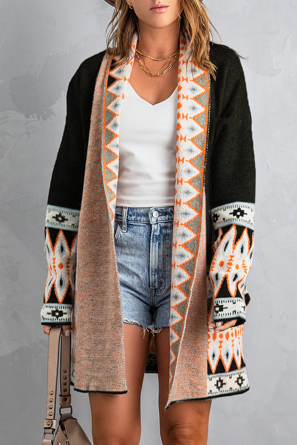 Aztec Print Open Front Knitted Cardigan