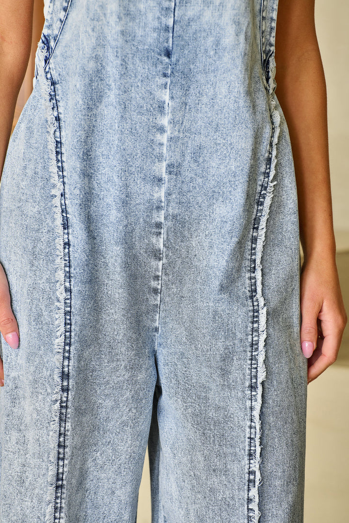 Light Wash Frayed Exposed Seam Wide Leg Denim Overall