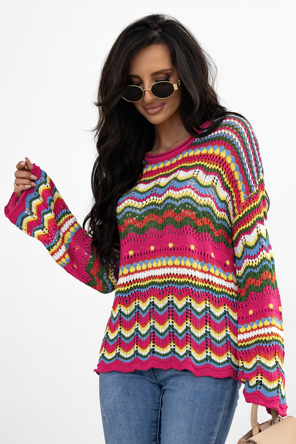 Colorblock Striped Hollowed Knit Loose Sleeve Sweater