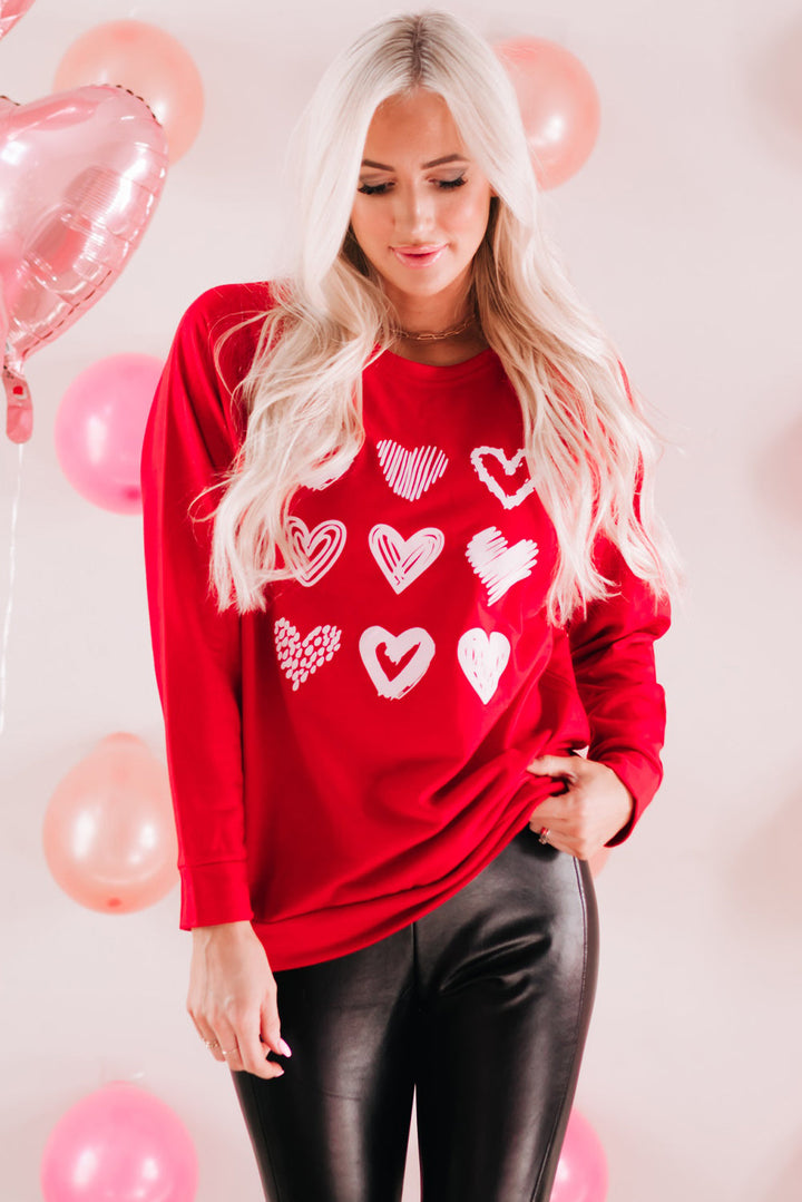 Hearts Print Crewneck Long Sleeve Sweatshirt