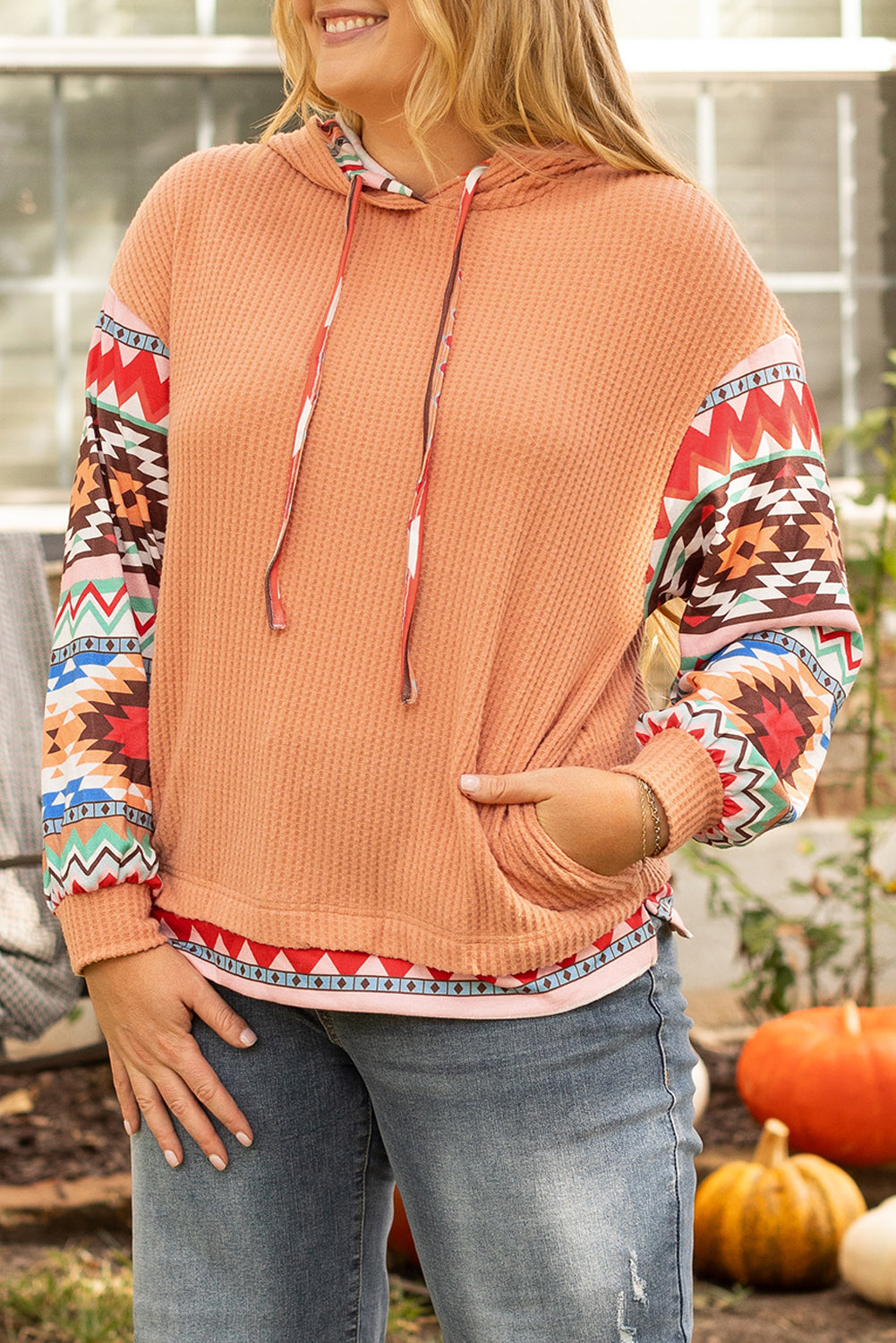 Aztec Patchwork Waffle Knit Plus Size Hoodie