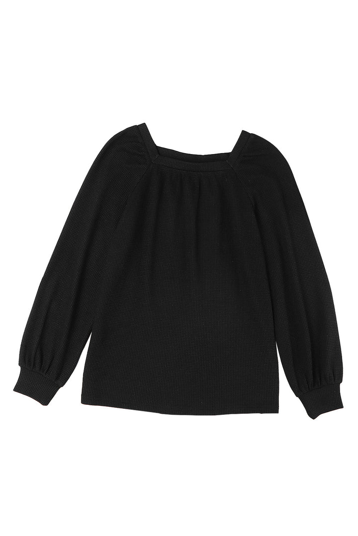 Scoop Neck Puff Sleeve Waffle Knit Top