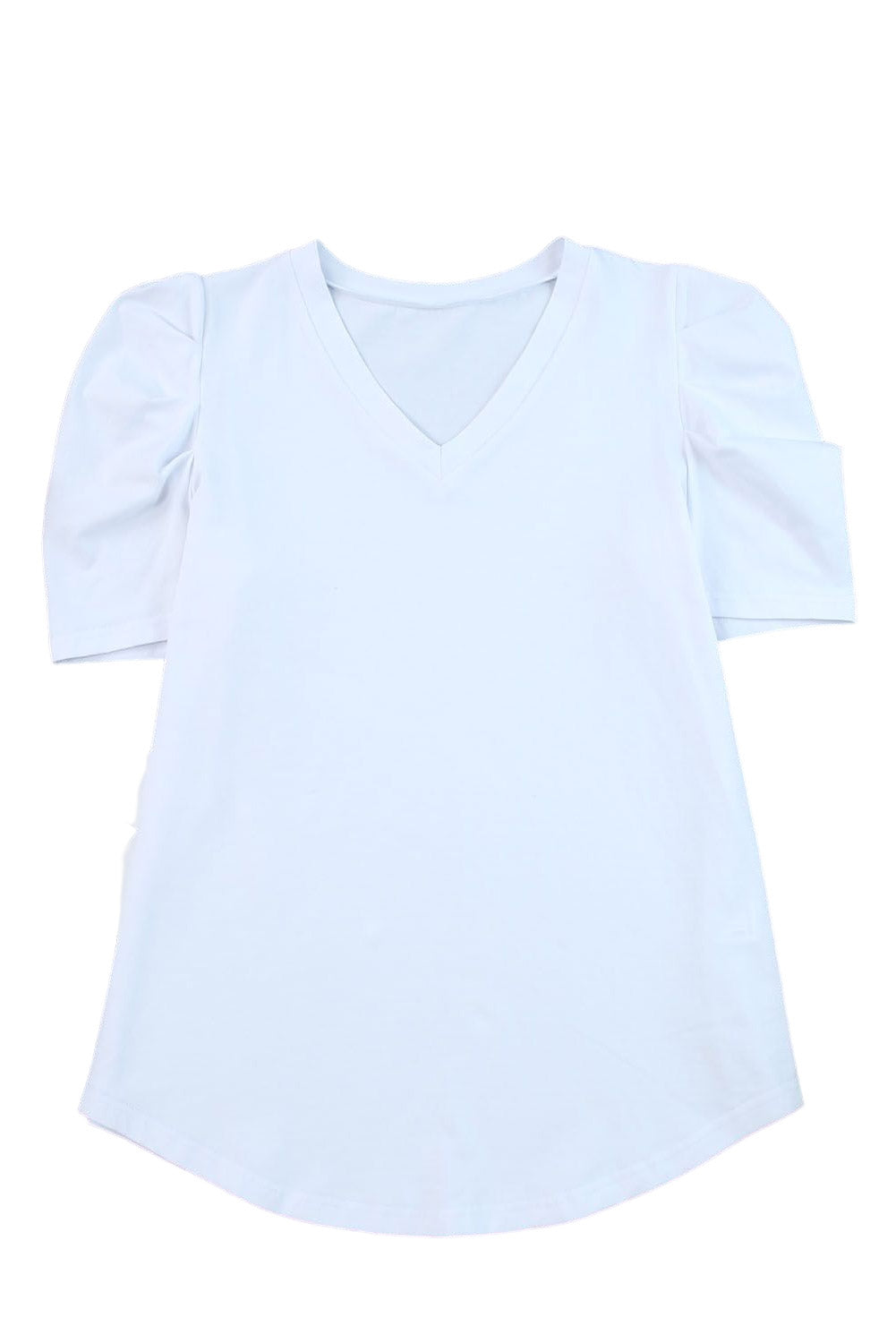 White Puff Sleeve V-Neck T-Shirt