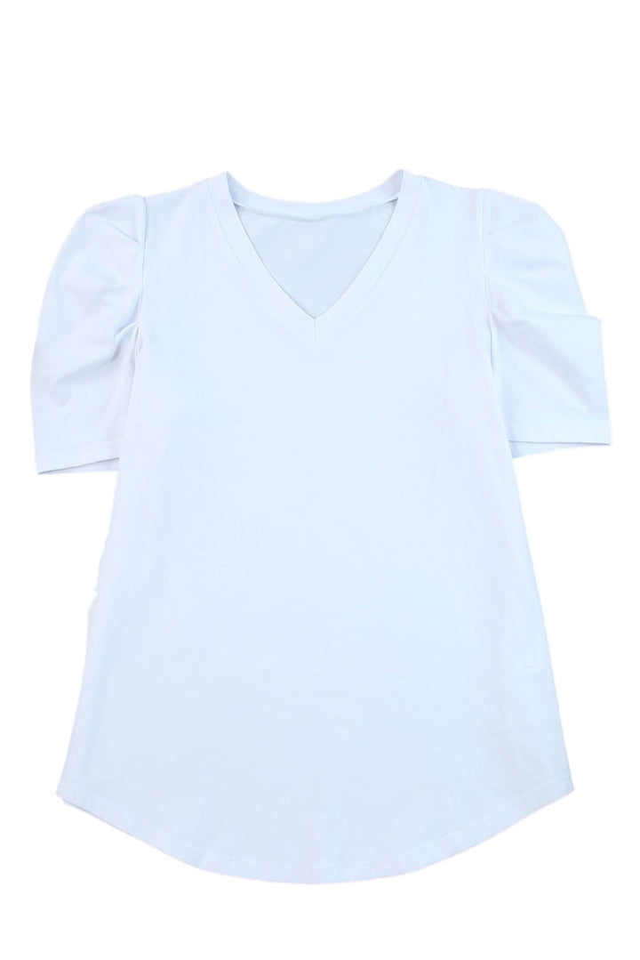 White Puff Sleeve V-Neck T-Shirt