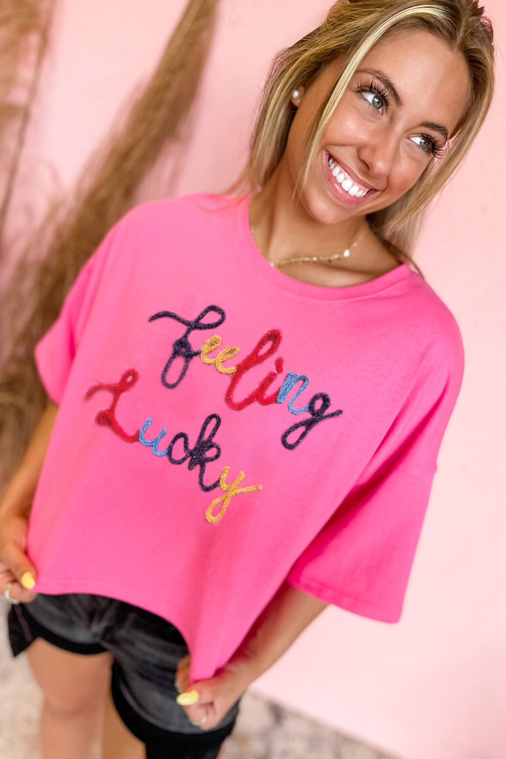 Bonbon Feeling Lucky Embroidered Letter Graphic Half Sleeve Top