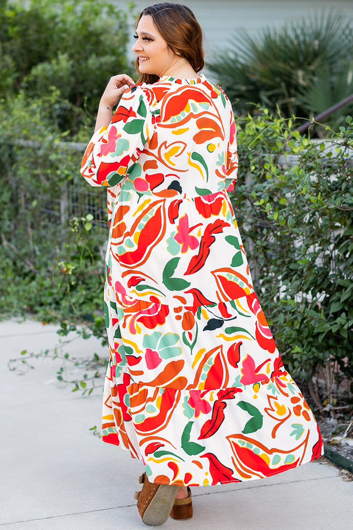 Floral Print Drawstring V Neck Tiered Plus Size Dress