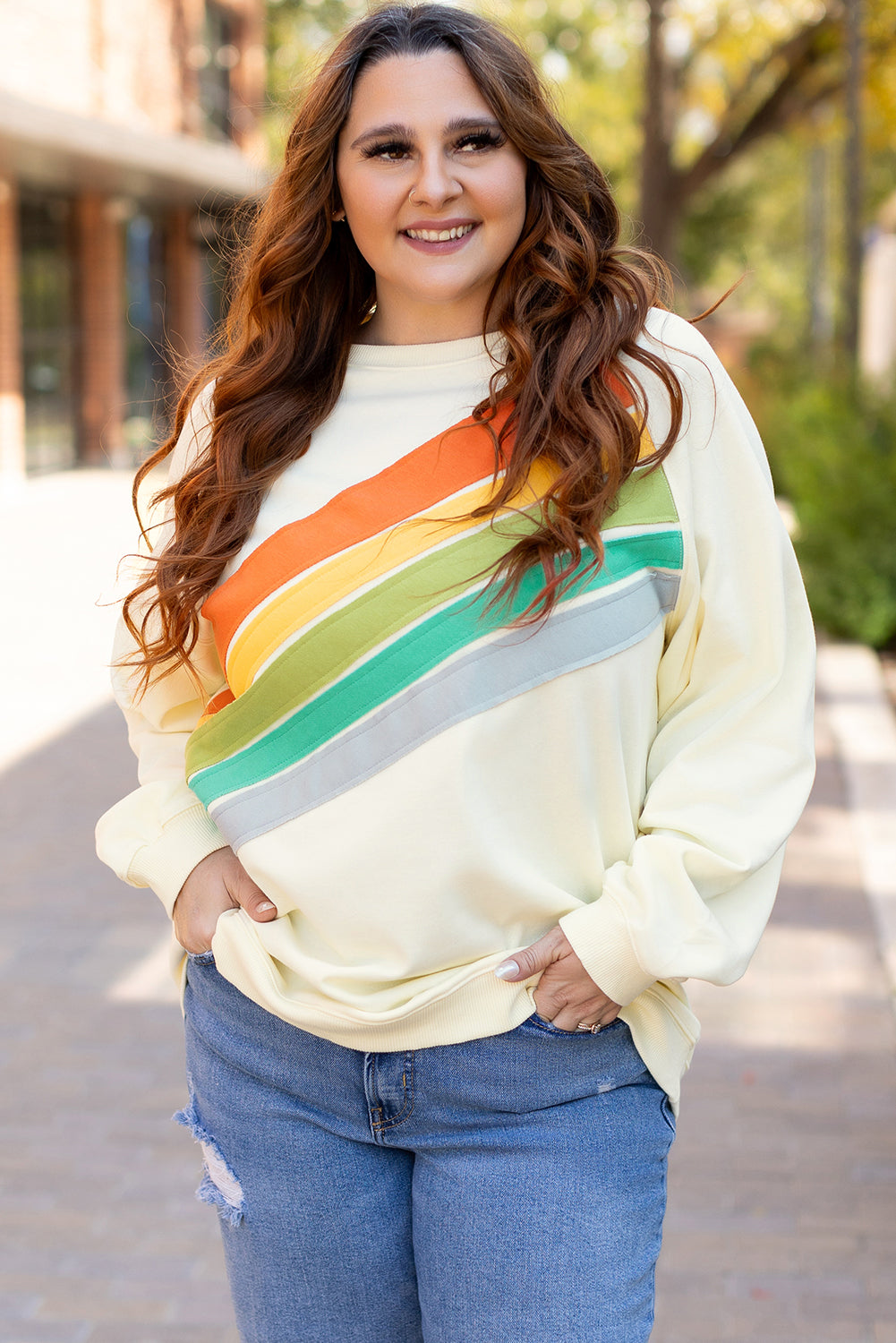 Rainbow Raglan Sleeve Crew Neck Plus Size Sweatshirt