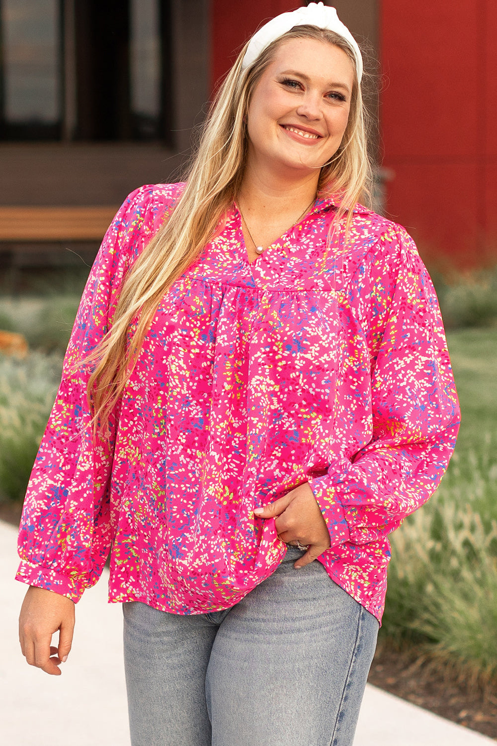 Plus Size Floral Print Puff Sleeve V Neck Blouse