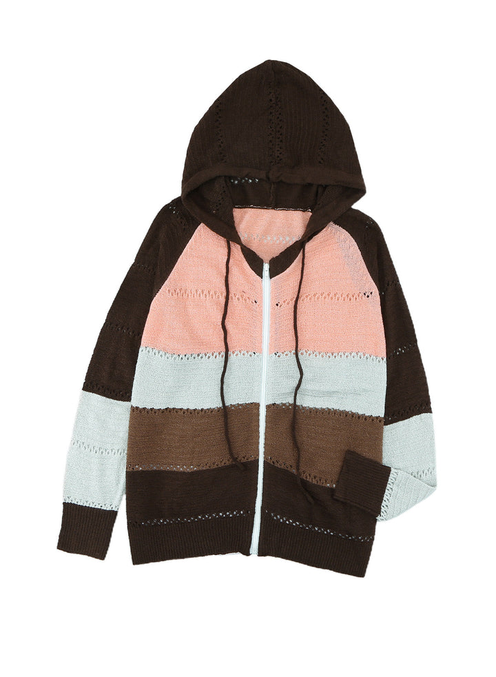 Zipped Front Colorblock Hollow-out Knit Hoodie