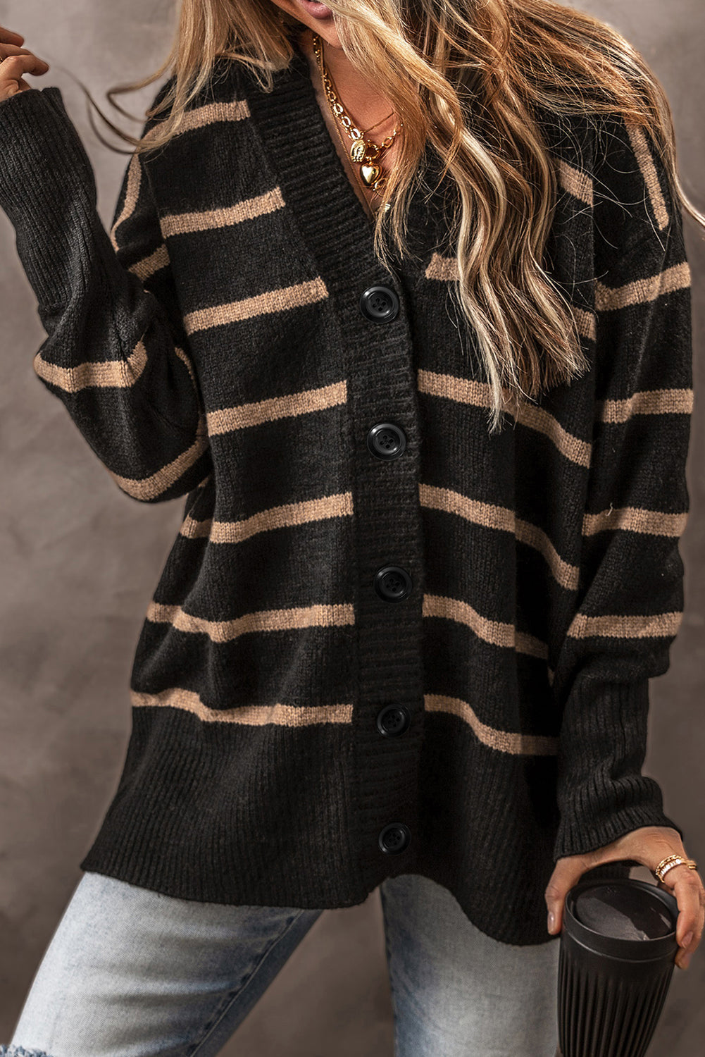 Buttoned V Neck Drop Shoulder Loose Cardigan