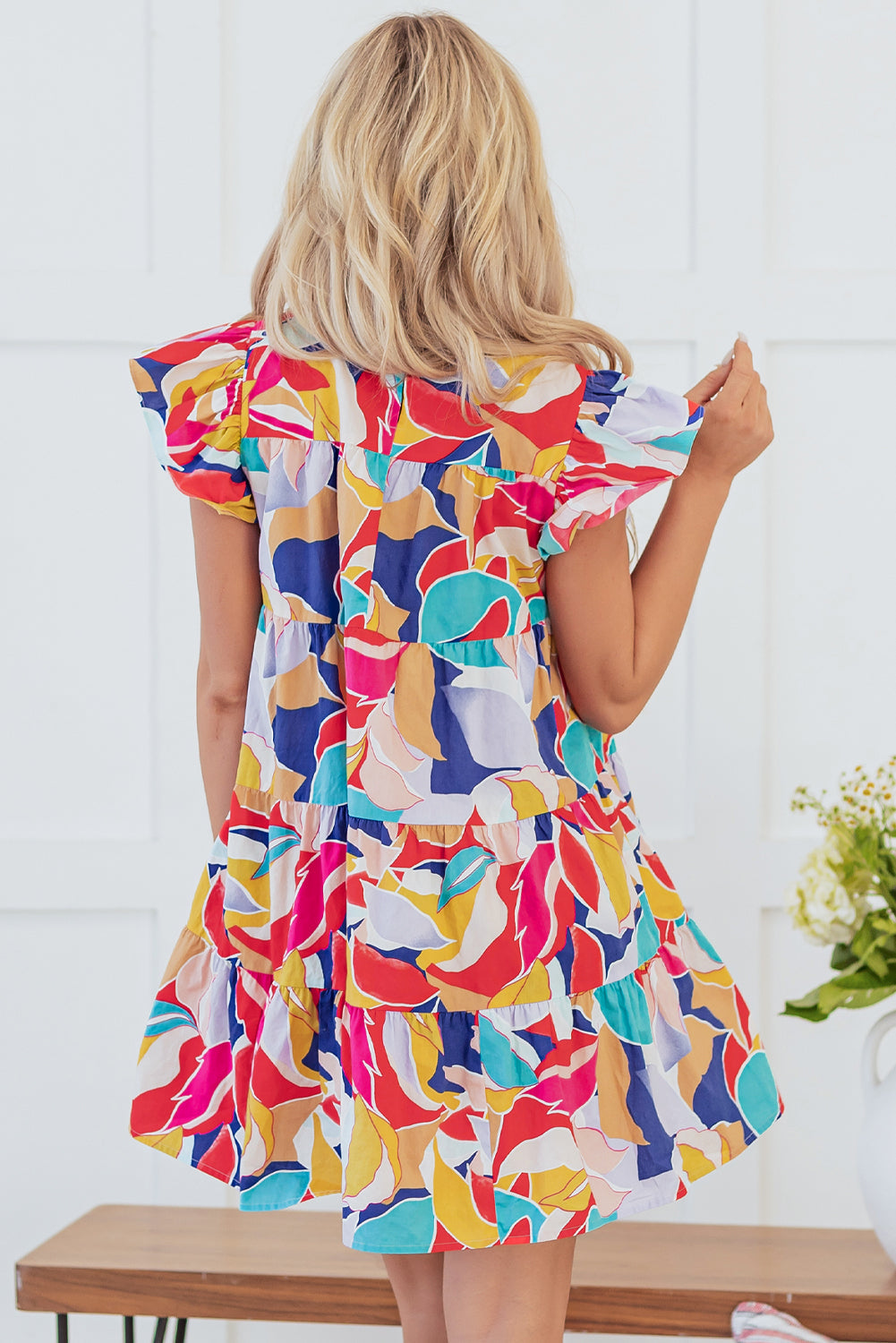 Abstract Printed Ruffled Flutter Sleeve Tiered Mini Dress