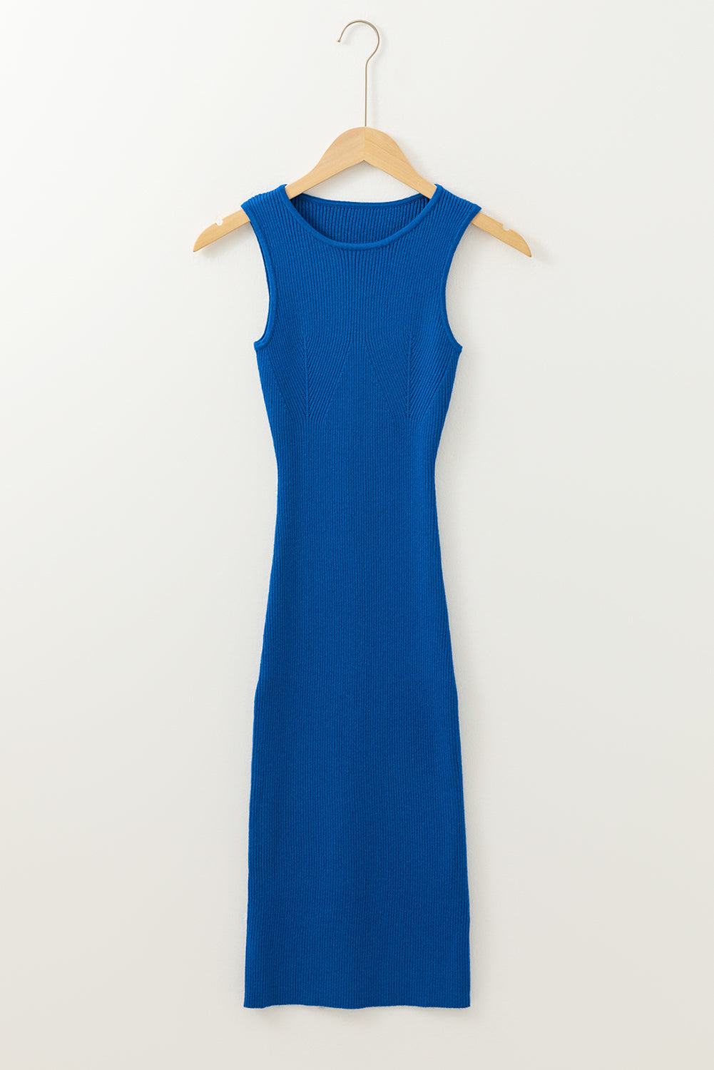 Solid Ribbed Knit Sheath Sleeveless Midi Sweater Dress