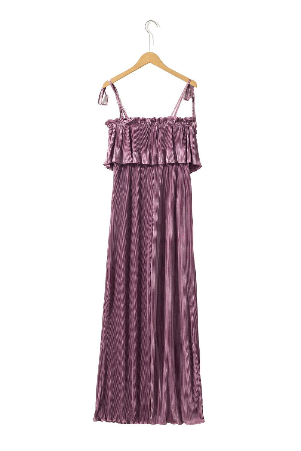 Solid Self Tied Straps Pleated Wide Leg Jumpsuit