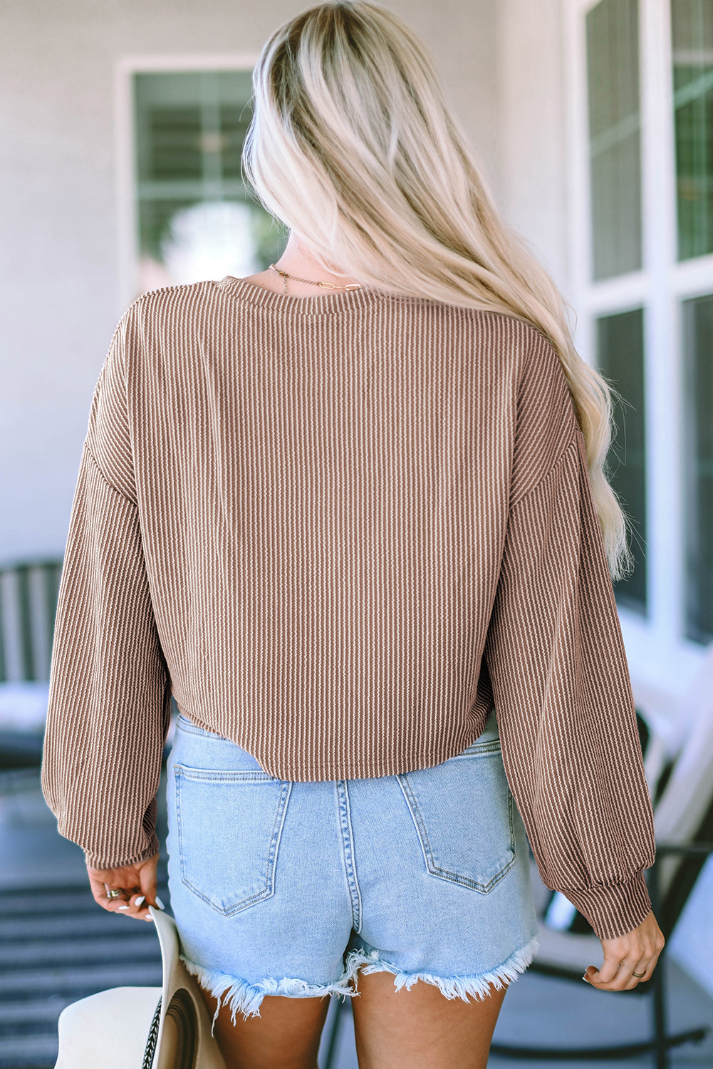 Cording Drop Shoulder Puff Sleeve Casual Long Sleeve Top