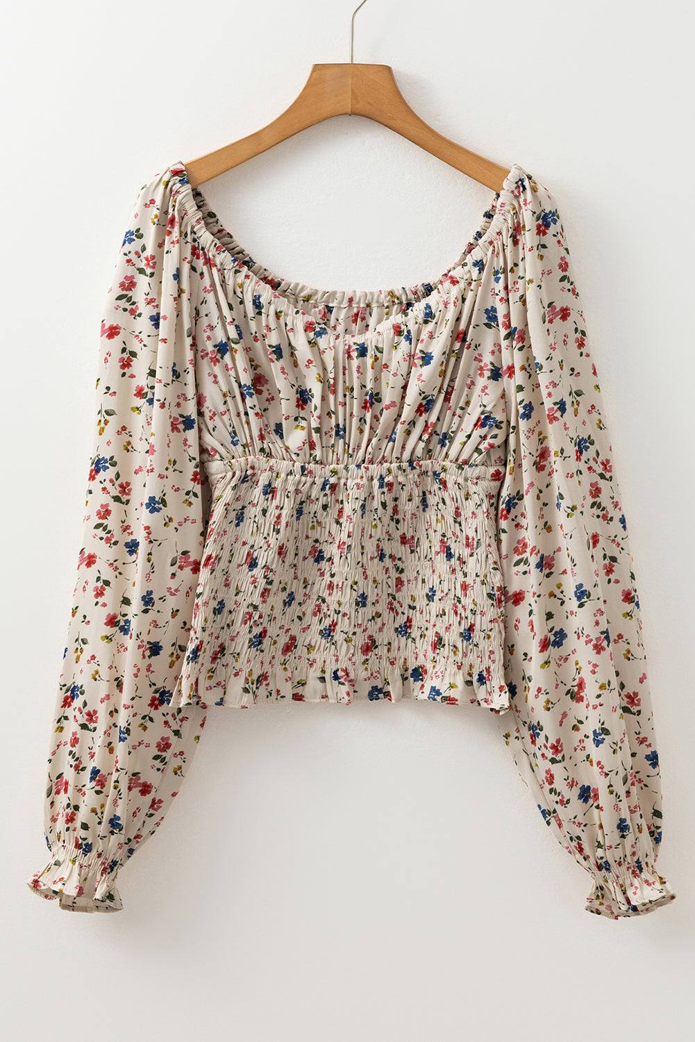 Boho Floral Print Smocked Waist V Neck Blouse