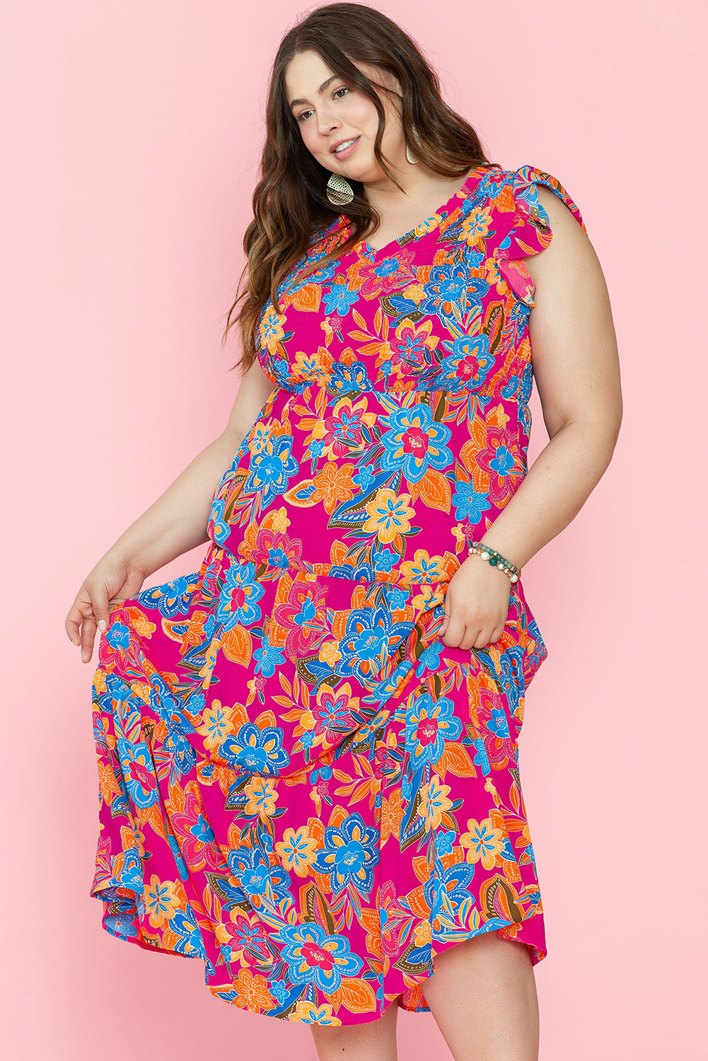 Floral Print Ruffled Sleeveless Plus Size Long Dress