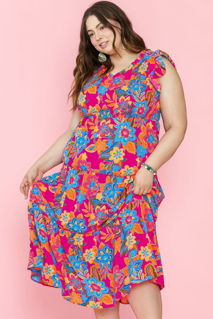 Floral Print Ruffled Sleeveless Plus Size Long Dress