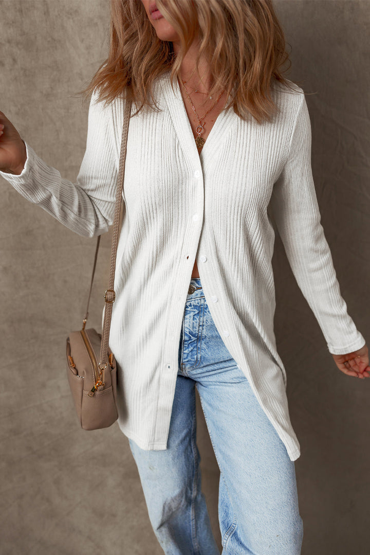 Solid Color Ribbed Button up Tunic Cardigan