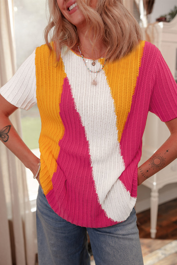 Textured Knit Colorblock Short Sleeve Sweater