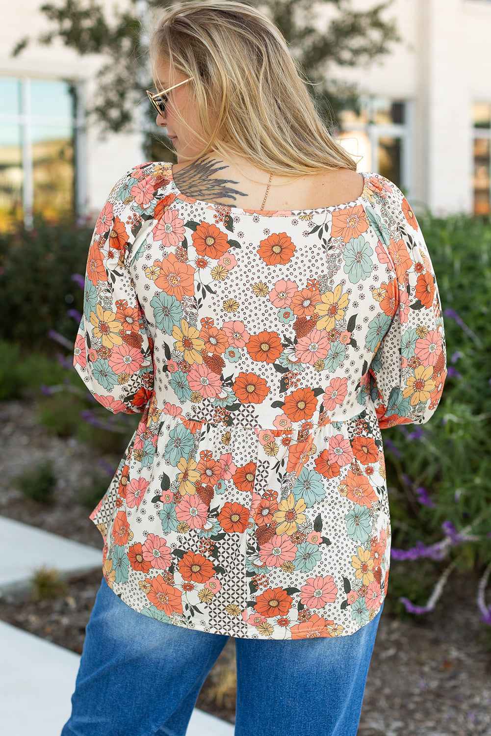 Plus Size Flower Print Square Neck Peplum Blouse