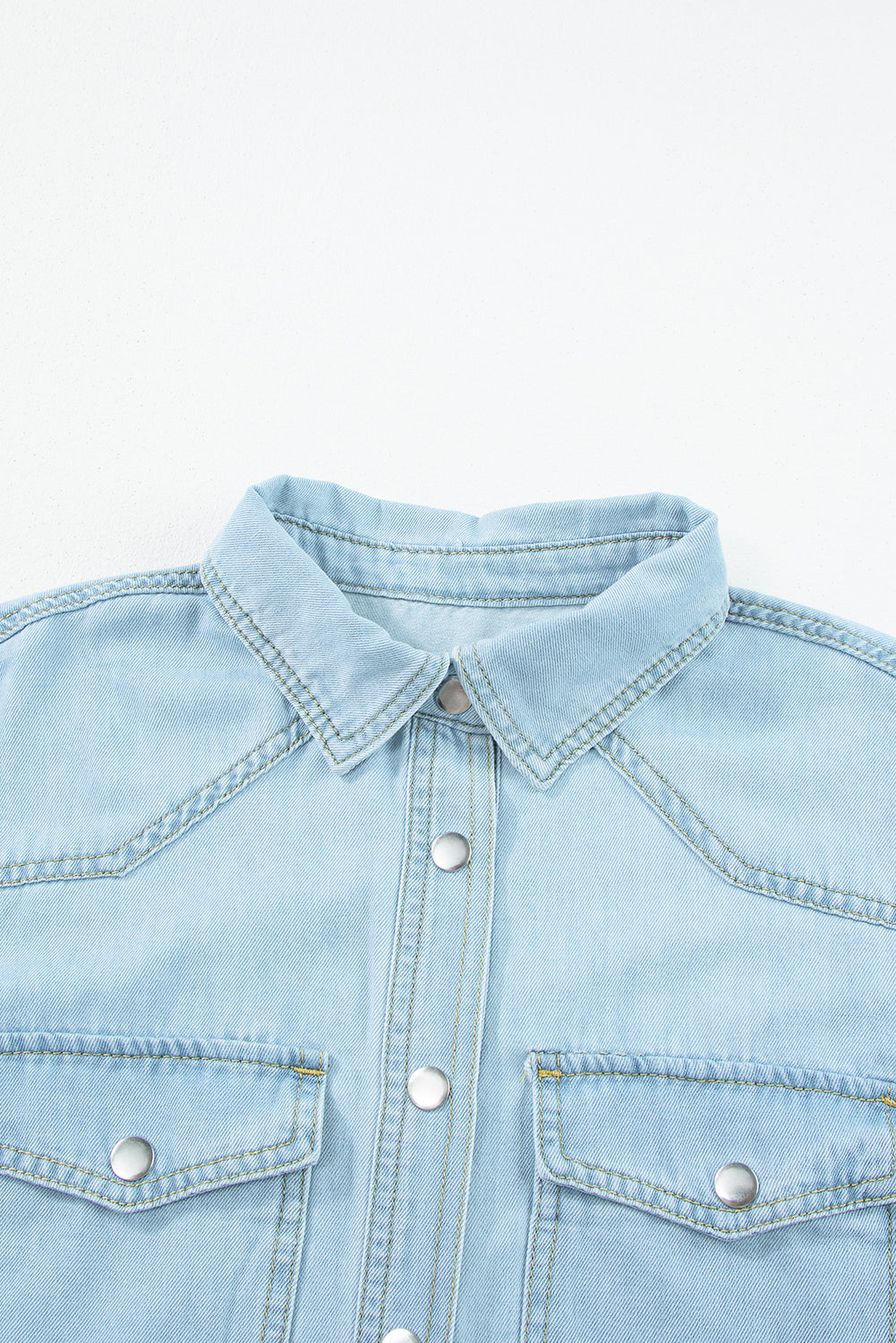 Vintage Light Wash Flap Pockets Rounded Hem Shirt