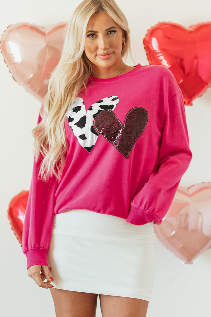 Cow & Sequin Double Heart Patch Graphic Sweatshirt