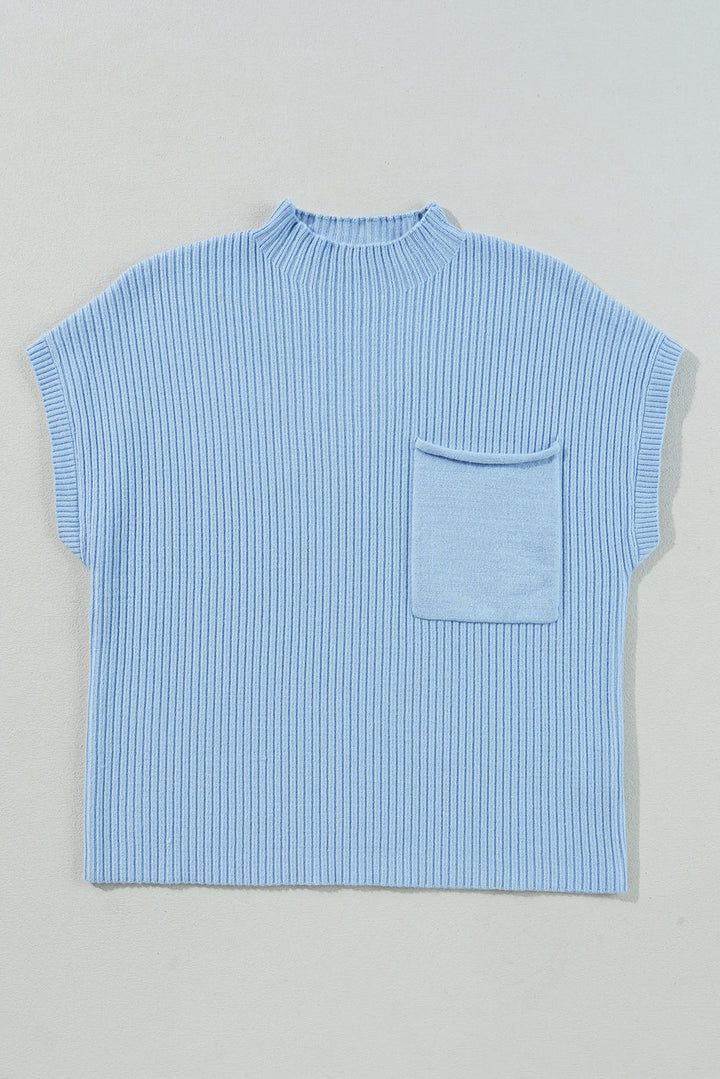 Patch Pocket Ribbed Knit Short Sleeve Sweater