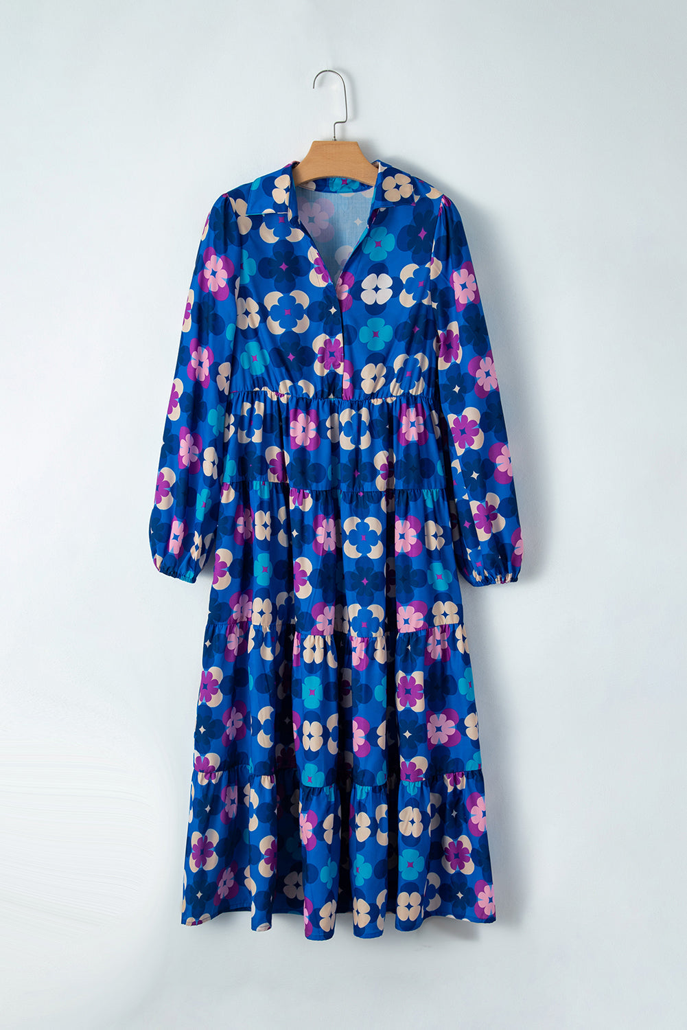 Floral Peasant Sleeve Tiered Ruffle Midi Dress