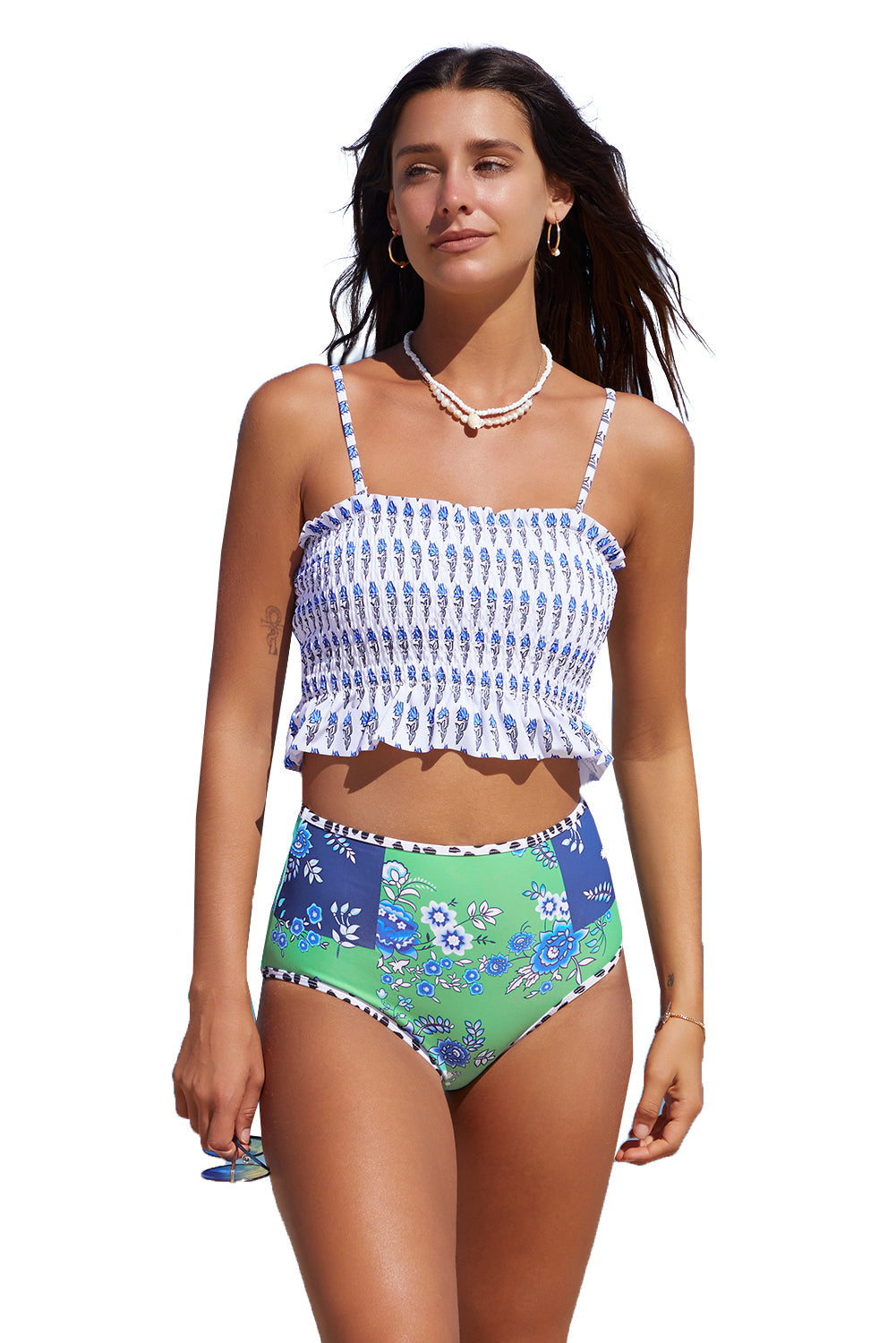 Printed Smocked High waisted swimsuits