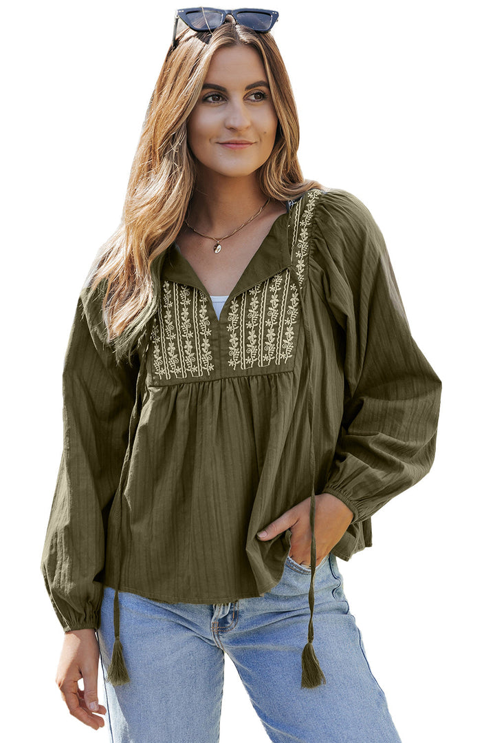 Embroidered Split Neck Pleated Loose Blouse