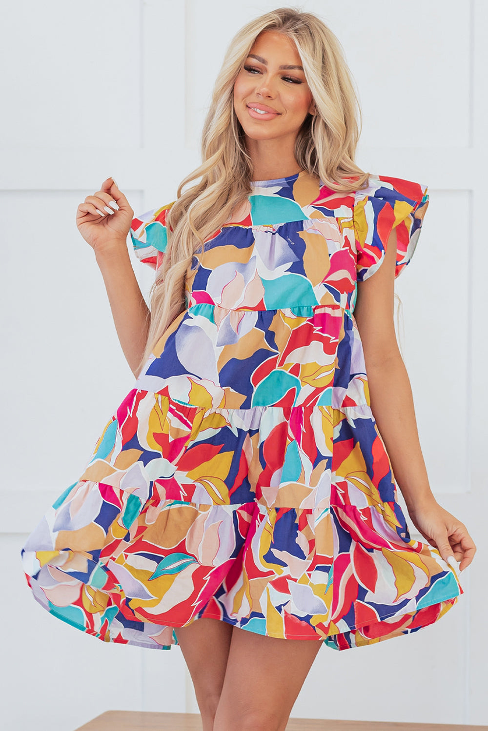 Abstract Printed Ruffled Flutter Sleeve Tiered Mini Dress