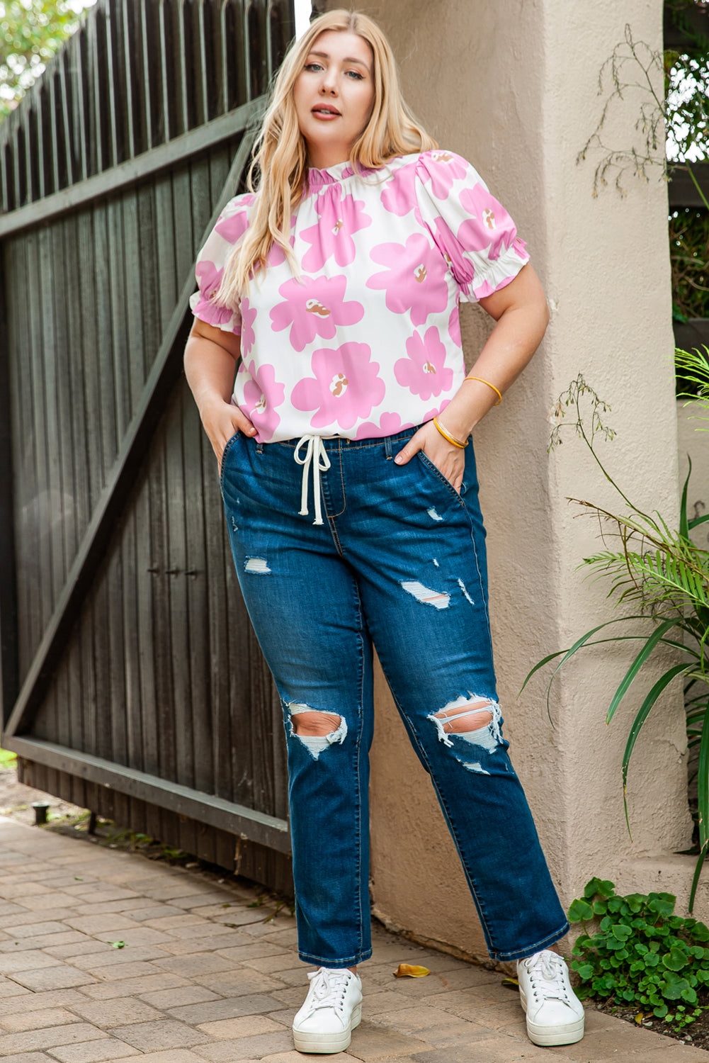 Floral Ruffled Mock Neck Puff Sleeve Plus Size Blouse