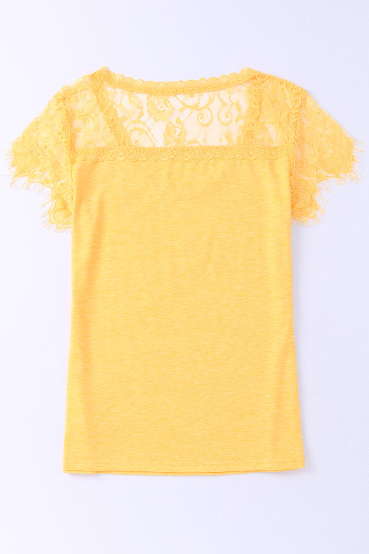 Yellow Lace Crochet Short Sleeve U Neck T Shirt