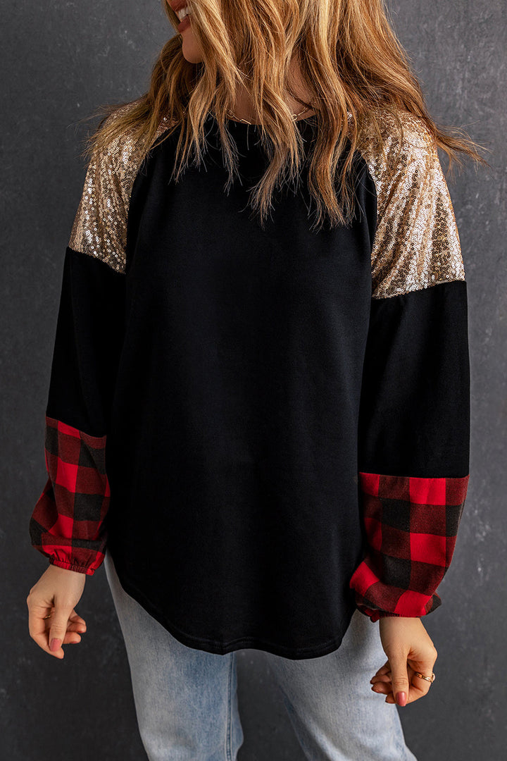 Crewneck Lantern Sleeve Plaid Sequin Splicing Blouse