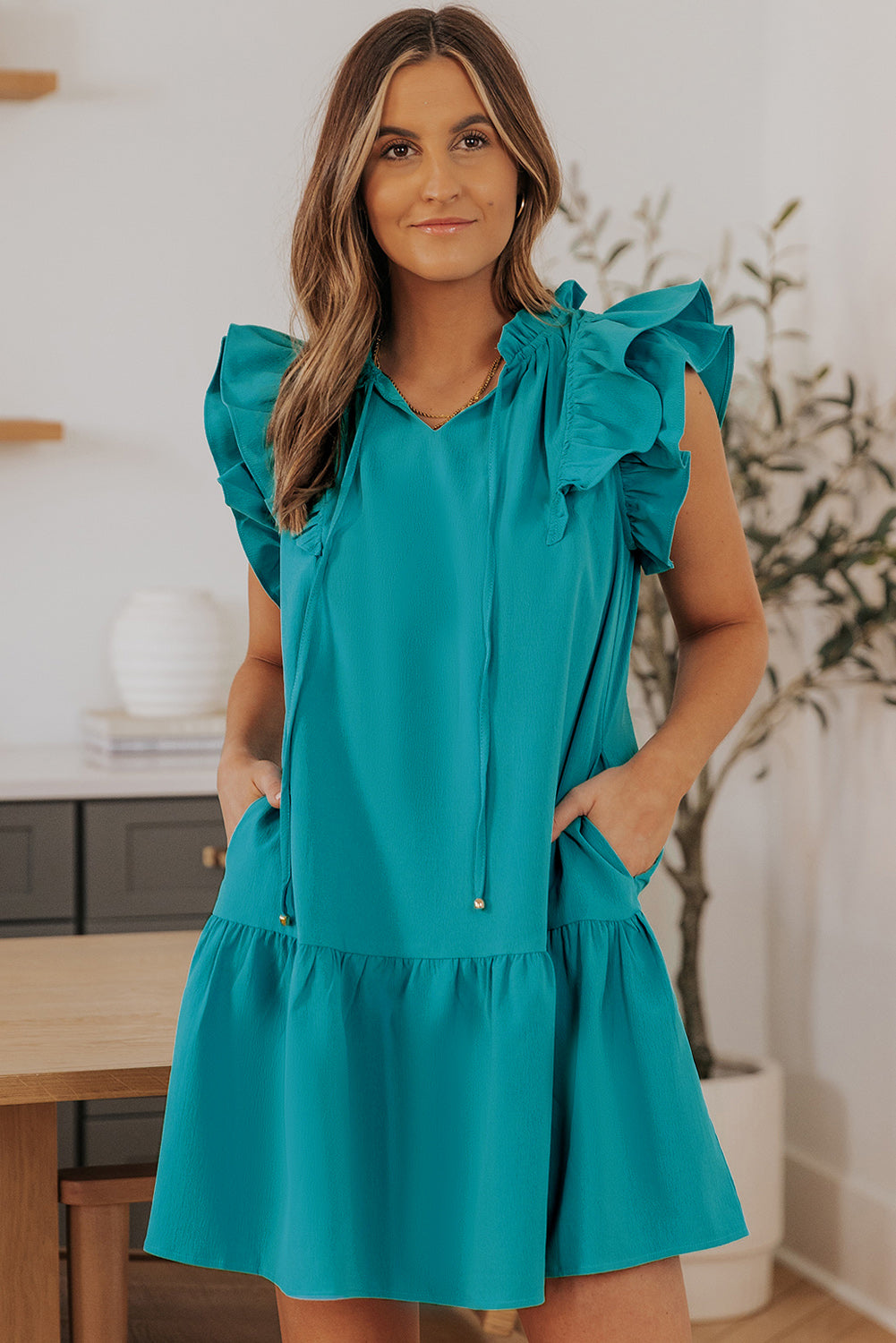 Tiered Ruffled Sleeves Mini Dress with Pockets