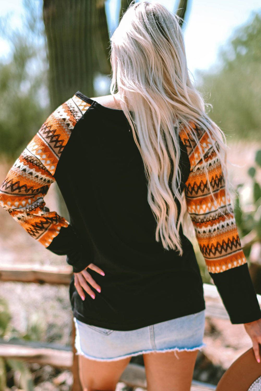 Geo Print Raglan Patchwork Long Sleeve Tee