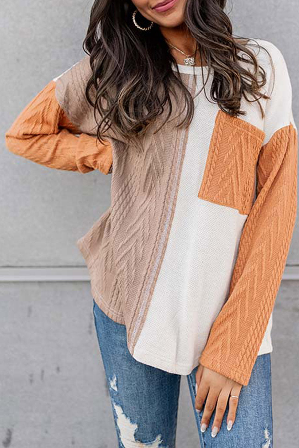 Long Sleeve Colorblock Chest Pocket Textured Knit Top