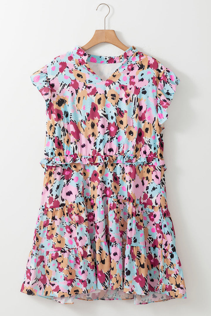 Floral Ruffled Cap Sleeve Plus Size Mini Dress